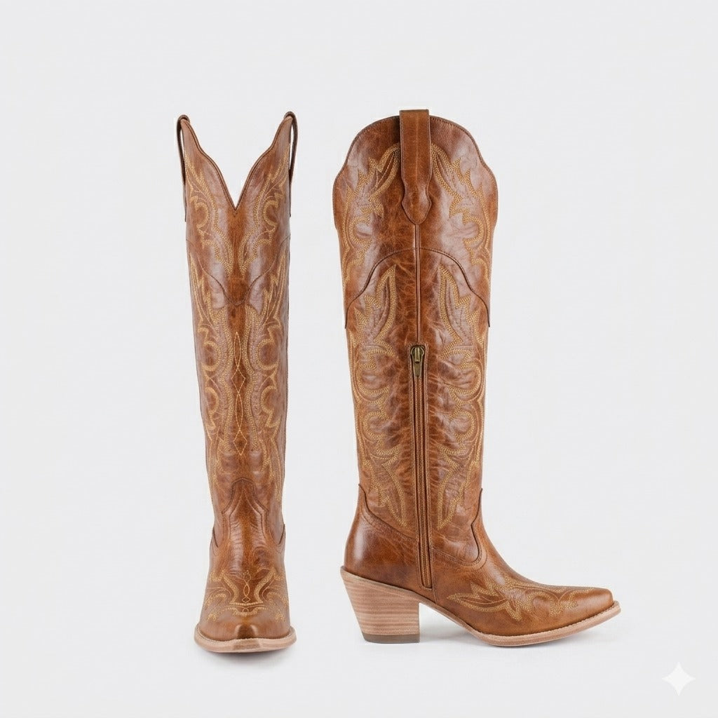 JULIA BROWN - Tall Leather Cowgirl Boots - Sophisticated Western Footwear
