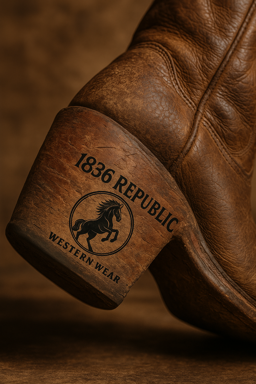 Close-up of a brown leather boot with '1836 Republic Western Wear' branding on a matching brown background.